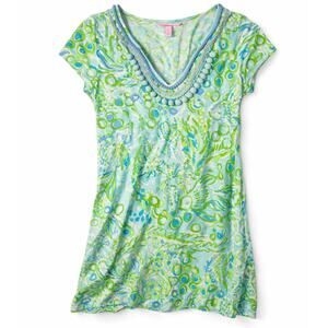 Lilly Pulitzer Harper Mini Dress Green Blue Tropical Pom Pom XS